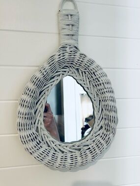 Vintage White Wicker Mirror – 14"x9" Boho Cottagecore Wall or Handheld